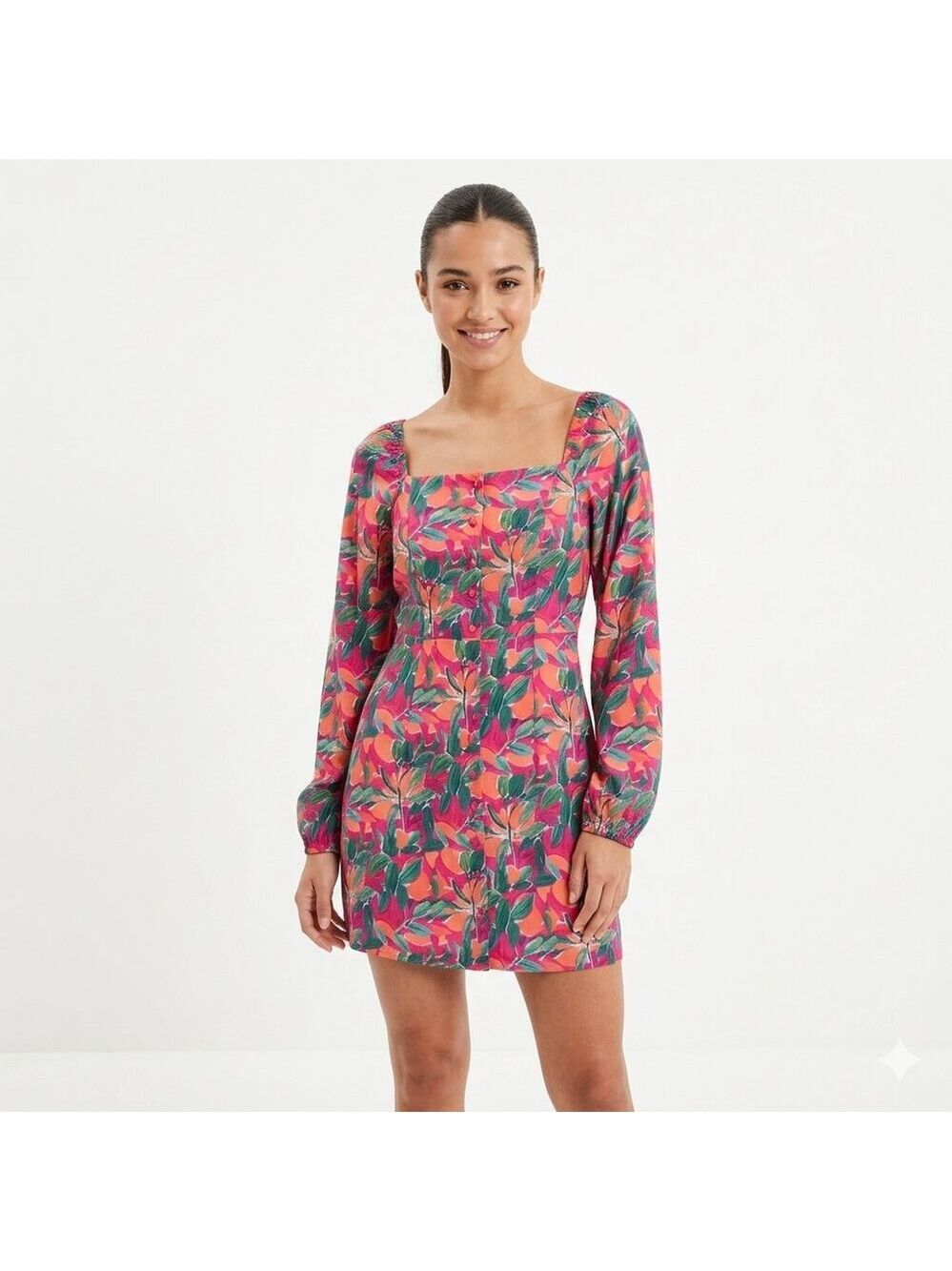 *NA-KD Coral Pink Floral Mini Dress Puff Sleeve Square Neck EU 34 NWT